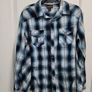 Helix men's button down blue plaid shirt SZ L Althetic Fit